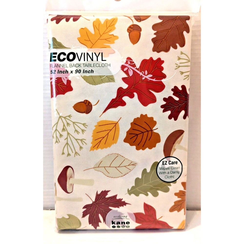 Kane Eco Vinyl Fall Leaves Tablecloth Mushrooms Acorns Cream Red Green 52x90-in